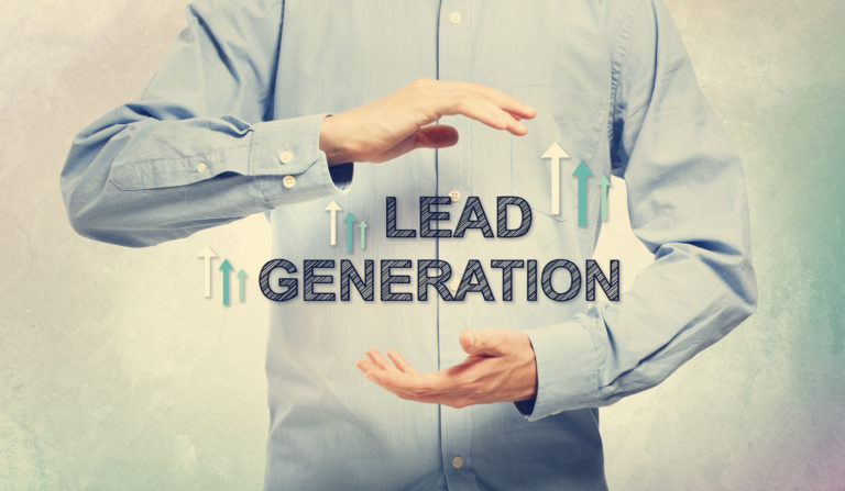 Young man in blue shirt holding Lead Generation concept